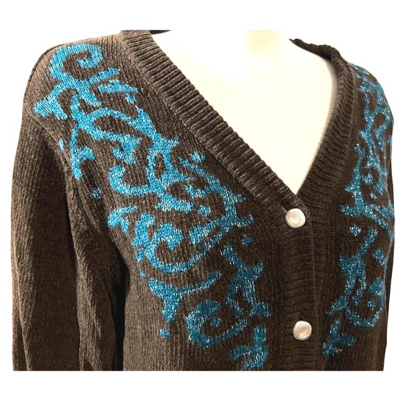 Vintage V Neck Sparkly Cardigan by Gantos Sz Medium Brown & Blue Glittery - Picture 10 of 10